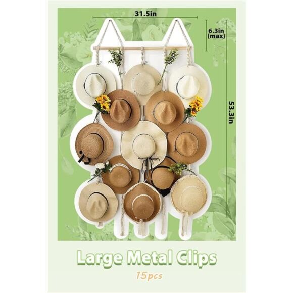 Hat Rack for Wall 31x53 in Hat Organizer with 15 Clips Hanging Macrame Hat - Picture 4 of 7